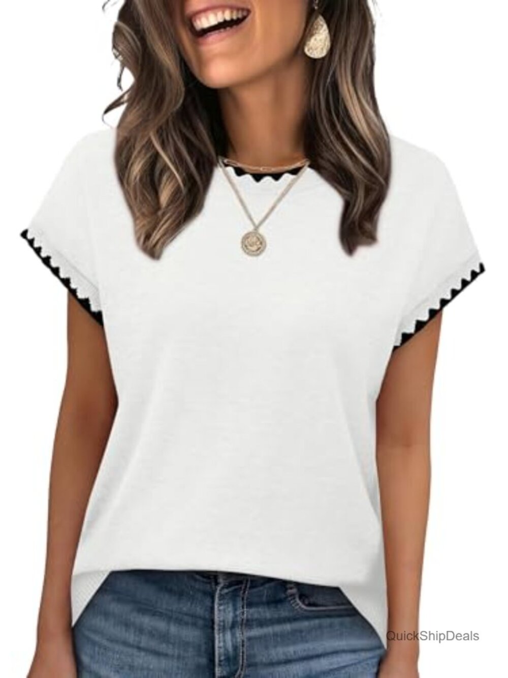 Womens Short Sleeve Sweater Top Crew Neck Business Casual Knit Shirt